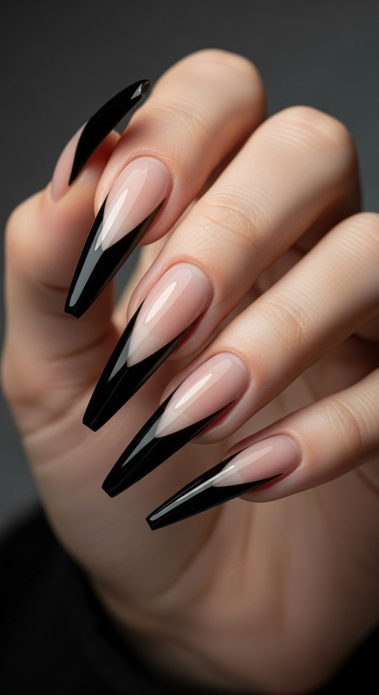A macro shot of a stiletto nail with a sheer nude base and a deep, sharp V-shaped black French tip.