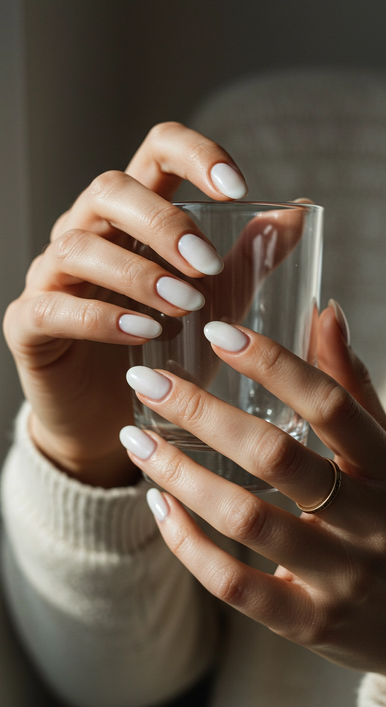 A soft-focus shot of hands with sheer, milky white nails, without a chrome finish.