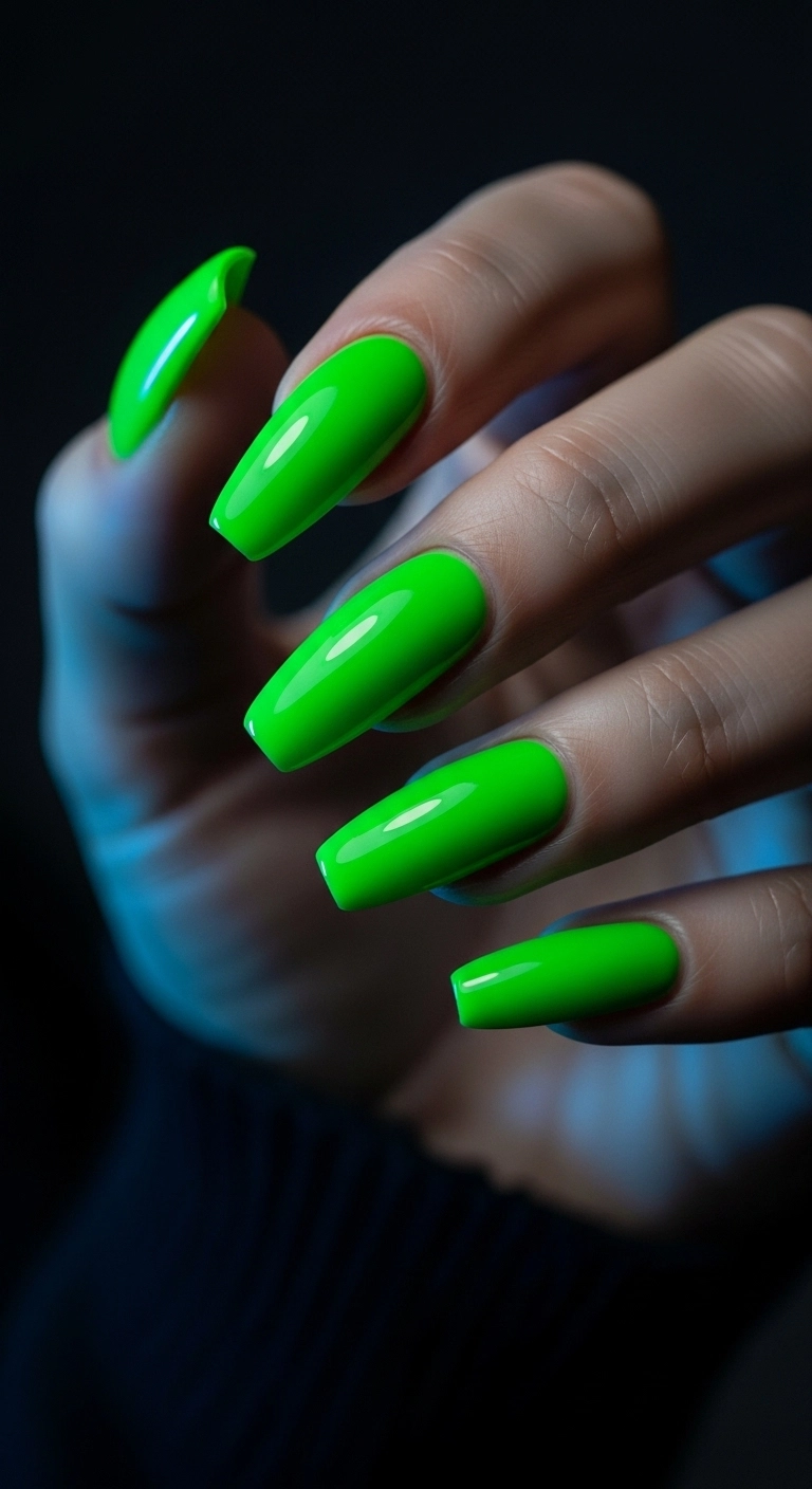 A close-up of coffin nails with a glossy, neon 