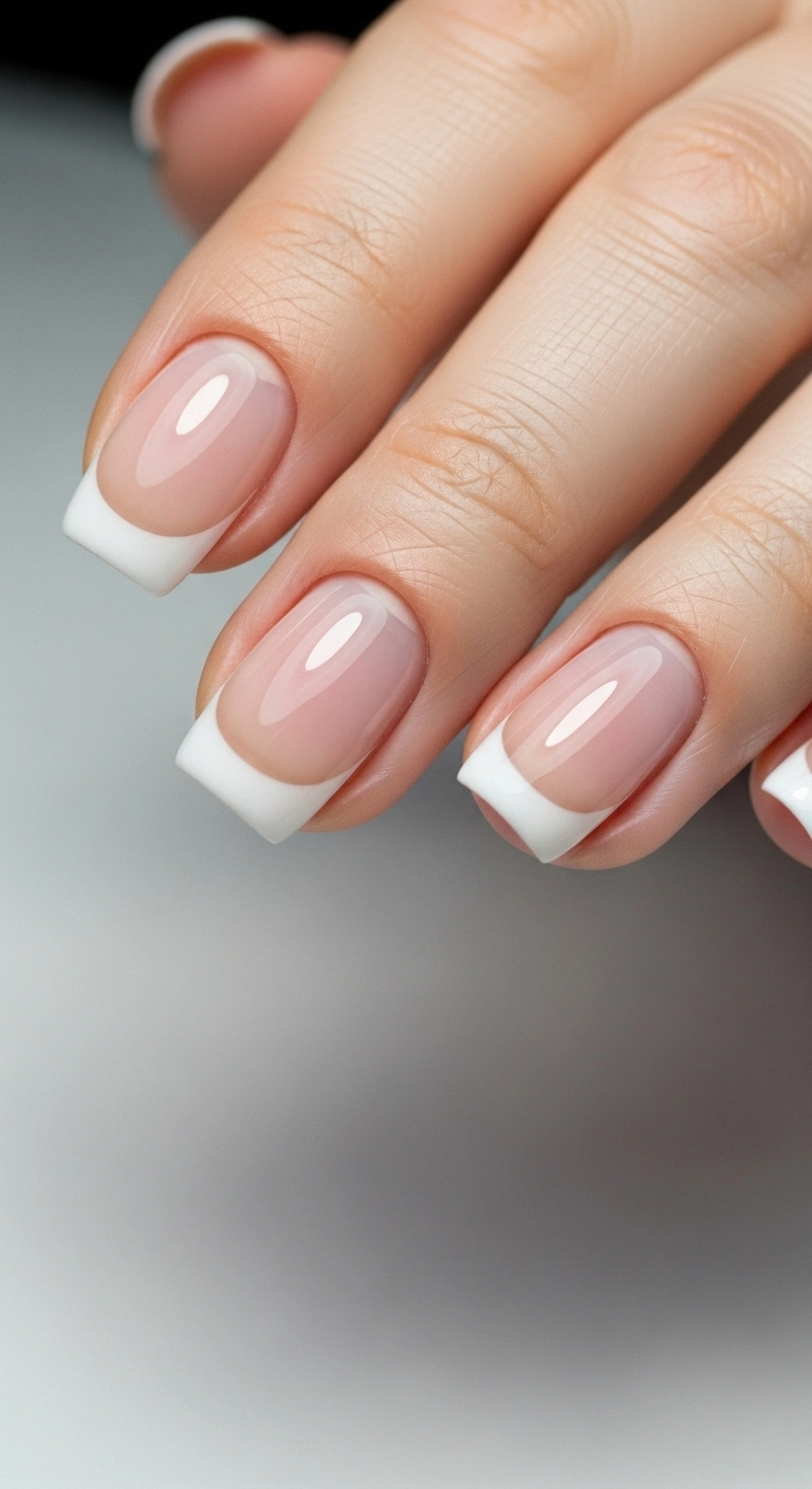 An extreme close-up of short, natural nails with a razor-thin micro French tip.