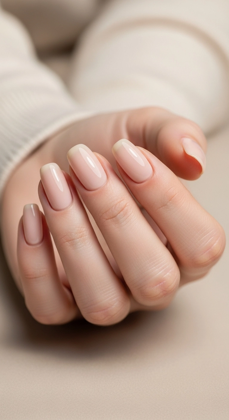 A minimalist photo of short, squoval nails painted in a clean, elegant, sheer nude polish.
