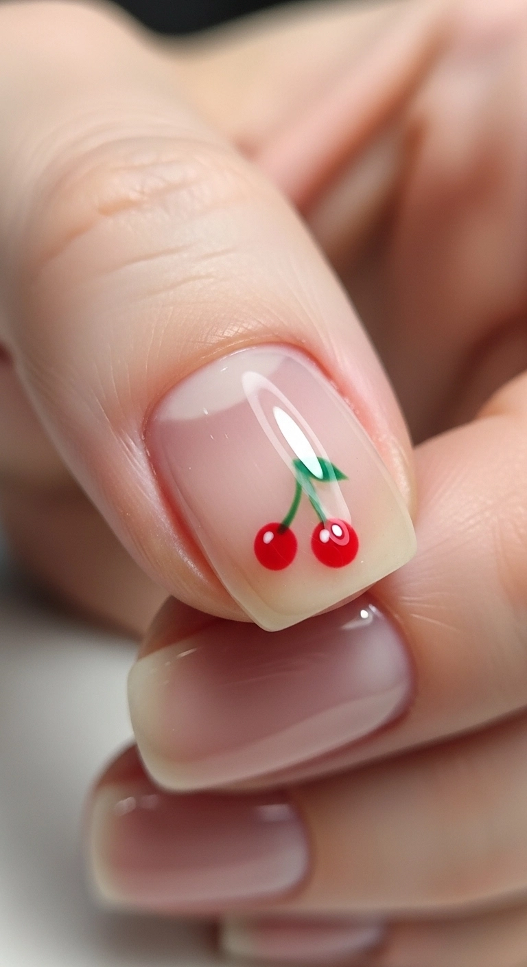 A macro shot of a short nude nail with a tiny, minimalist, hand-painted cherry accent.