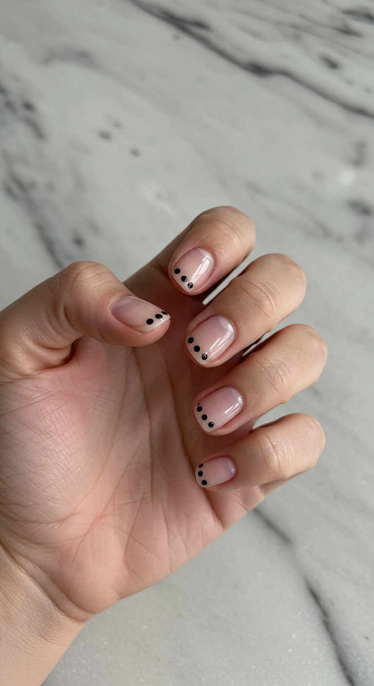 A minimalist photo of short, natural nails with a clear polish and a single, precise black dot at the base.