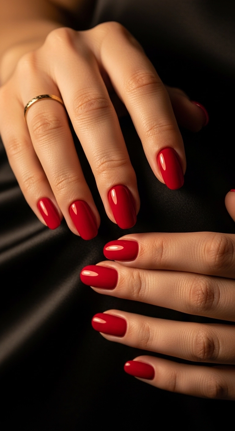 A cinematic close-up of squoval nails painted in a high-gloss, classic cherry red polish.