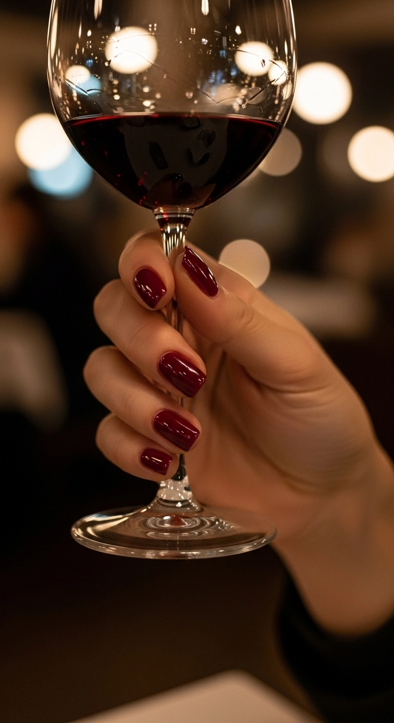 A close-up of short, squoval nails painted in a high-gloss, rich burgundy crème polish.