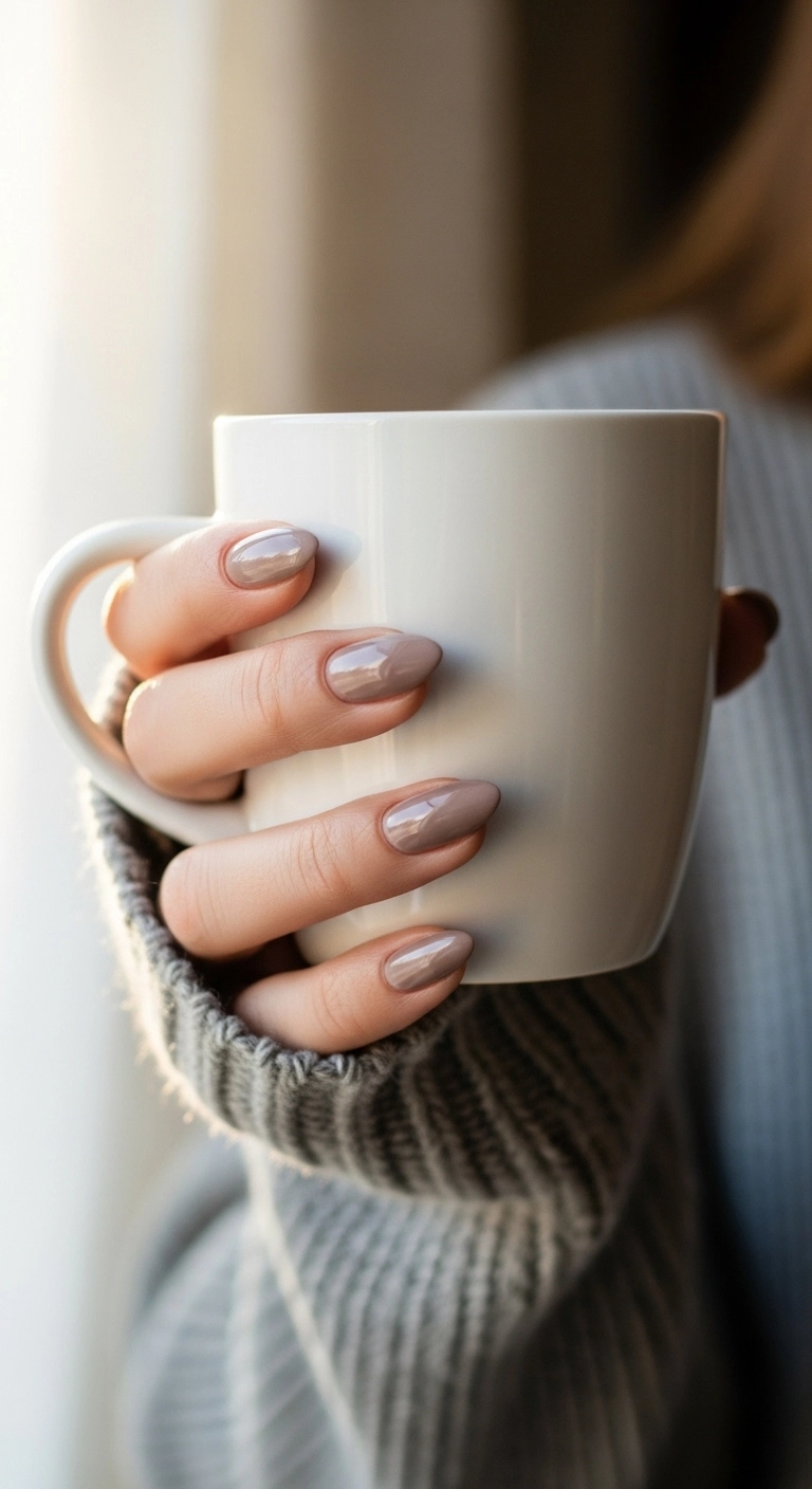 A photo of a hand with almond nails painted in a glossy, greige (grey-beige) polish, holding a white mug.