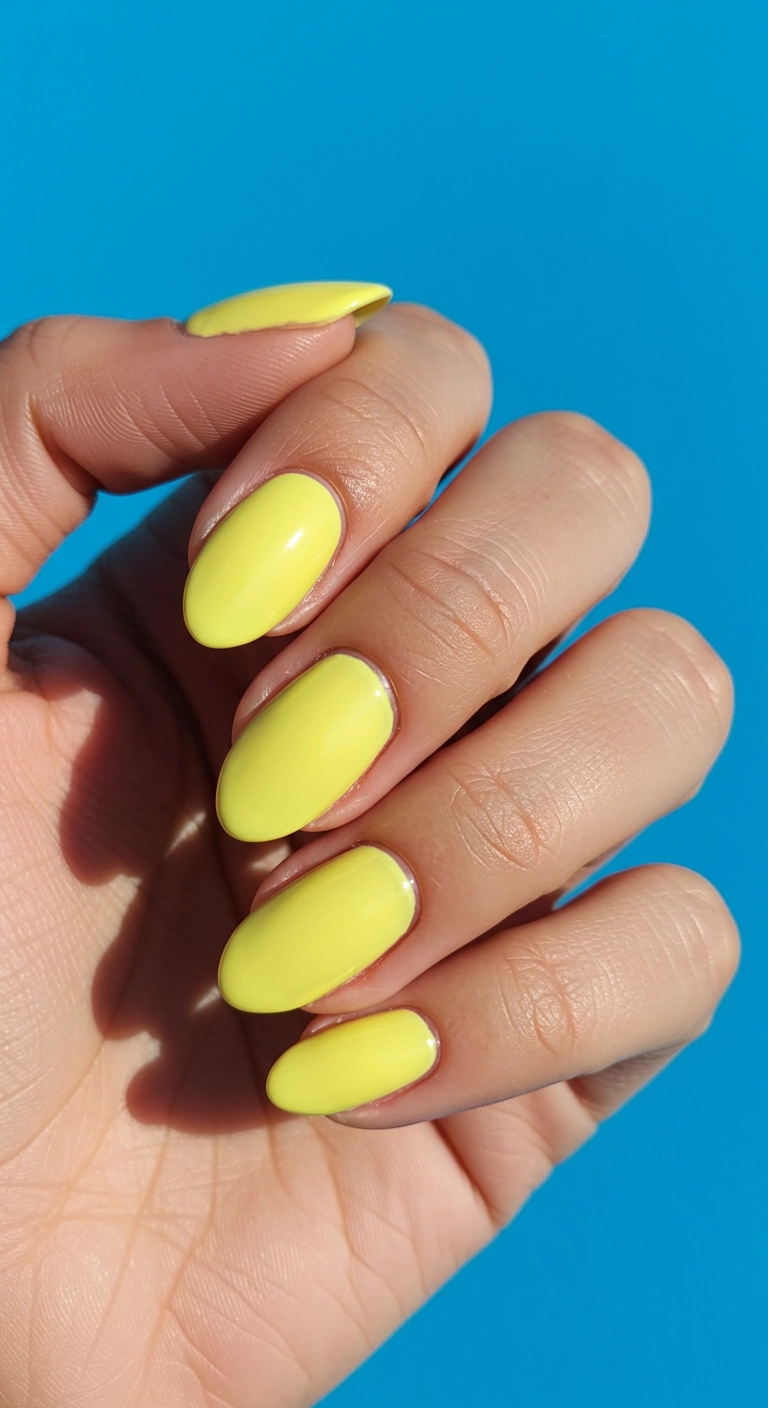 A hand with squoval nails showing a high-gloss, bright pastel yellow polish.