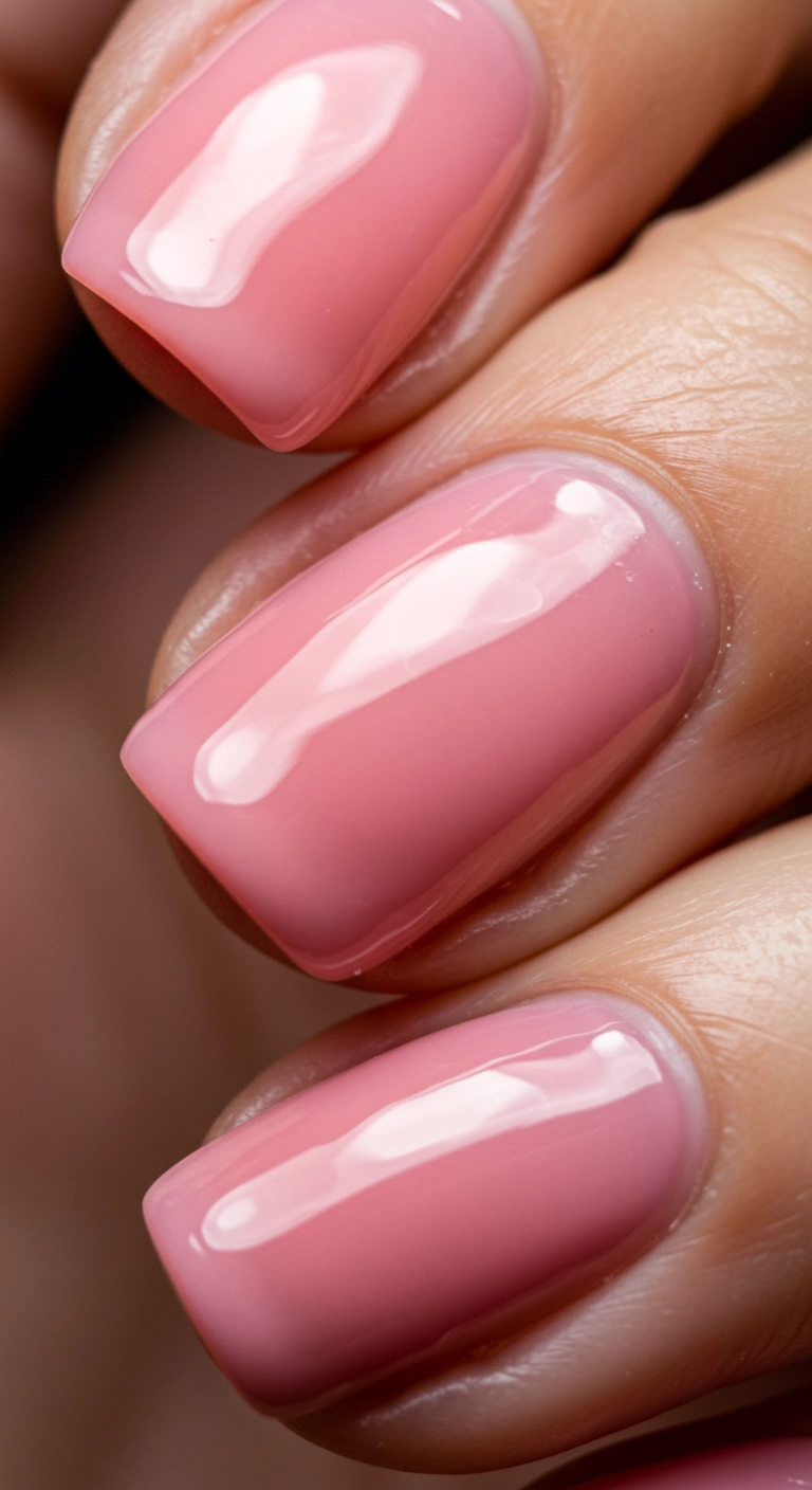 A macro shot of natural nails with a sheer, jelly-like pink polish and an extremely high-gloss, wet-look top coat.