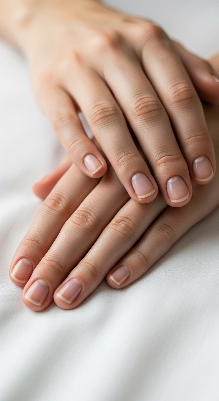 A close-up of perfectly manicured, short, natural nails buffed to a healthy, natural shine with no polish.