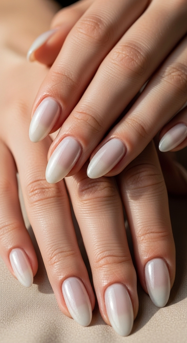 A close-up of almond nails with the iconic 