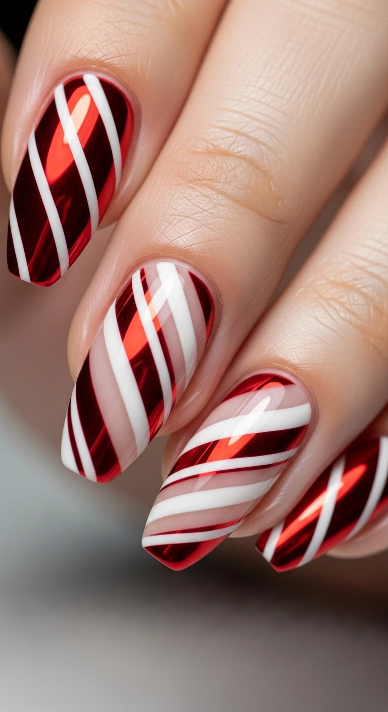 A macro shot of glossy squoval nails with precise red and white candy cane stripes.
