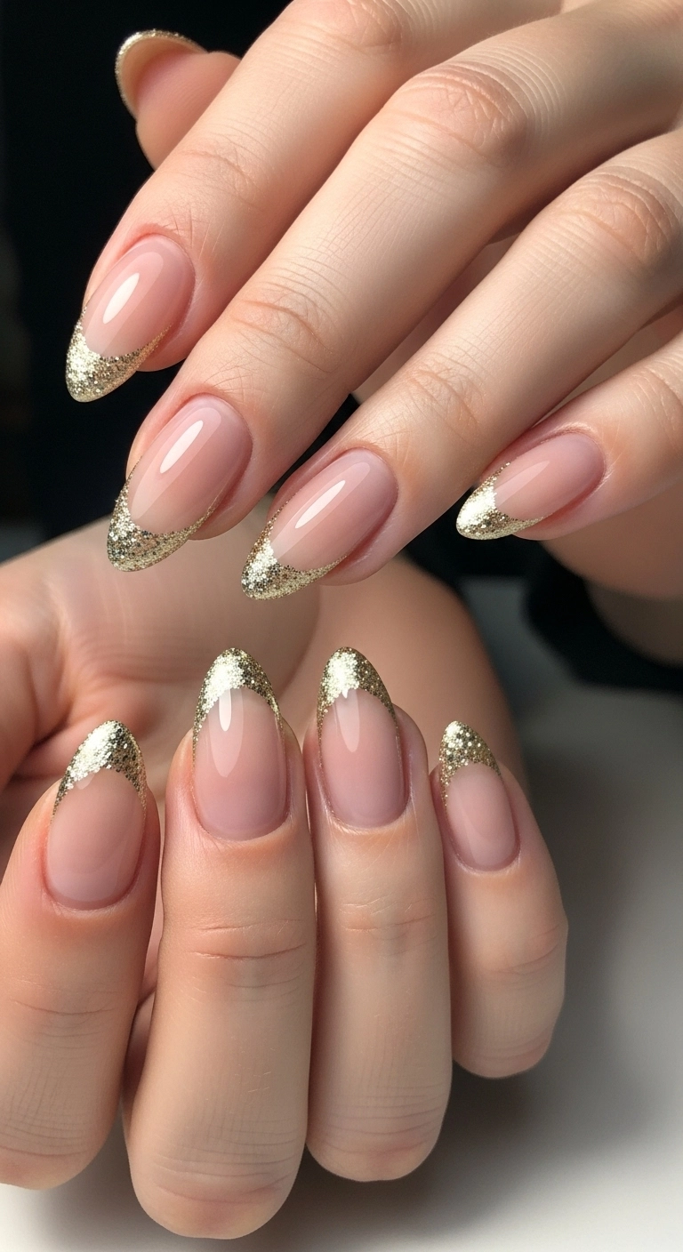 A close-up of almond-shaped nails with a sheer nude base and a crisp, sparkling gold glitter French tip.