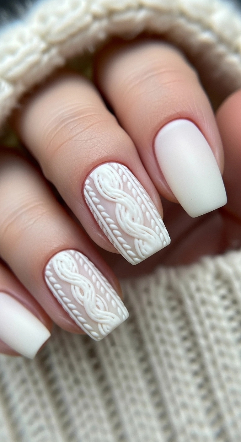 A macro shot of a short squoval nail with a 3D, matte, cream-white cable knit sweater design.