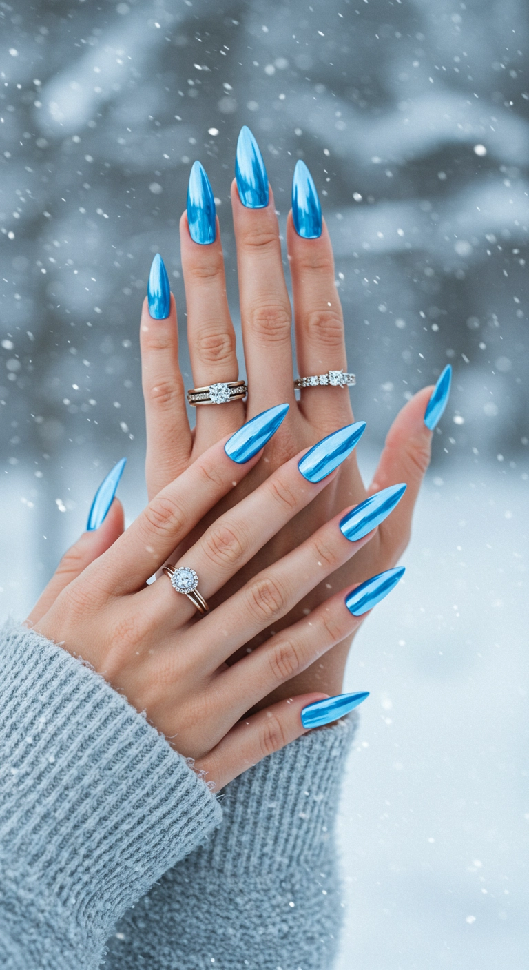 A realistic photo of stiletto nails with a high-shine, mirror-like, icy blue chrome finish.