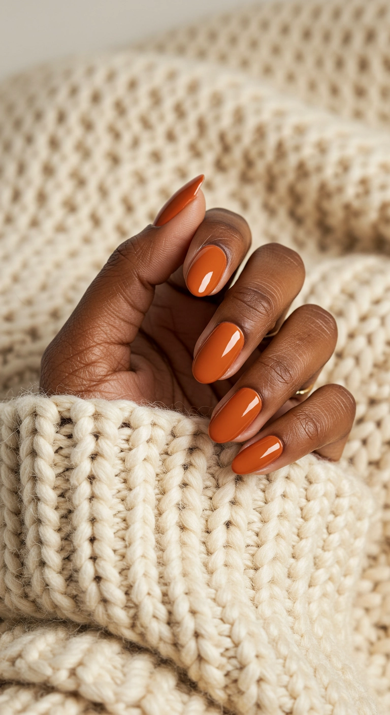 A realistic photo of a hand with short, glossy, burnt orange nails resting on a cream knit blanket.