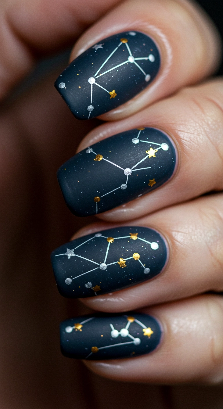 A macro shot of matte, midnight blue nails adorned with tiny, hand-painted silver and gold stars.