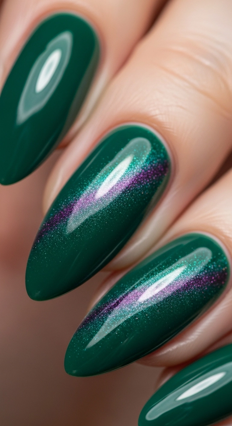 A macro shot of an almond nail with a deep emerald green polish, showing a luxurious velvet 