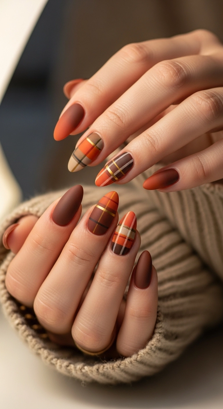 A close-up of almond-shaped nails with a matte, warm autumnal plaid design in burnt orange and brown.