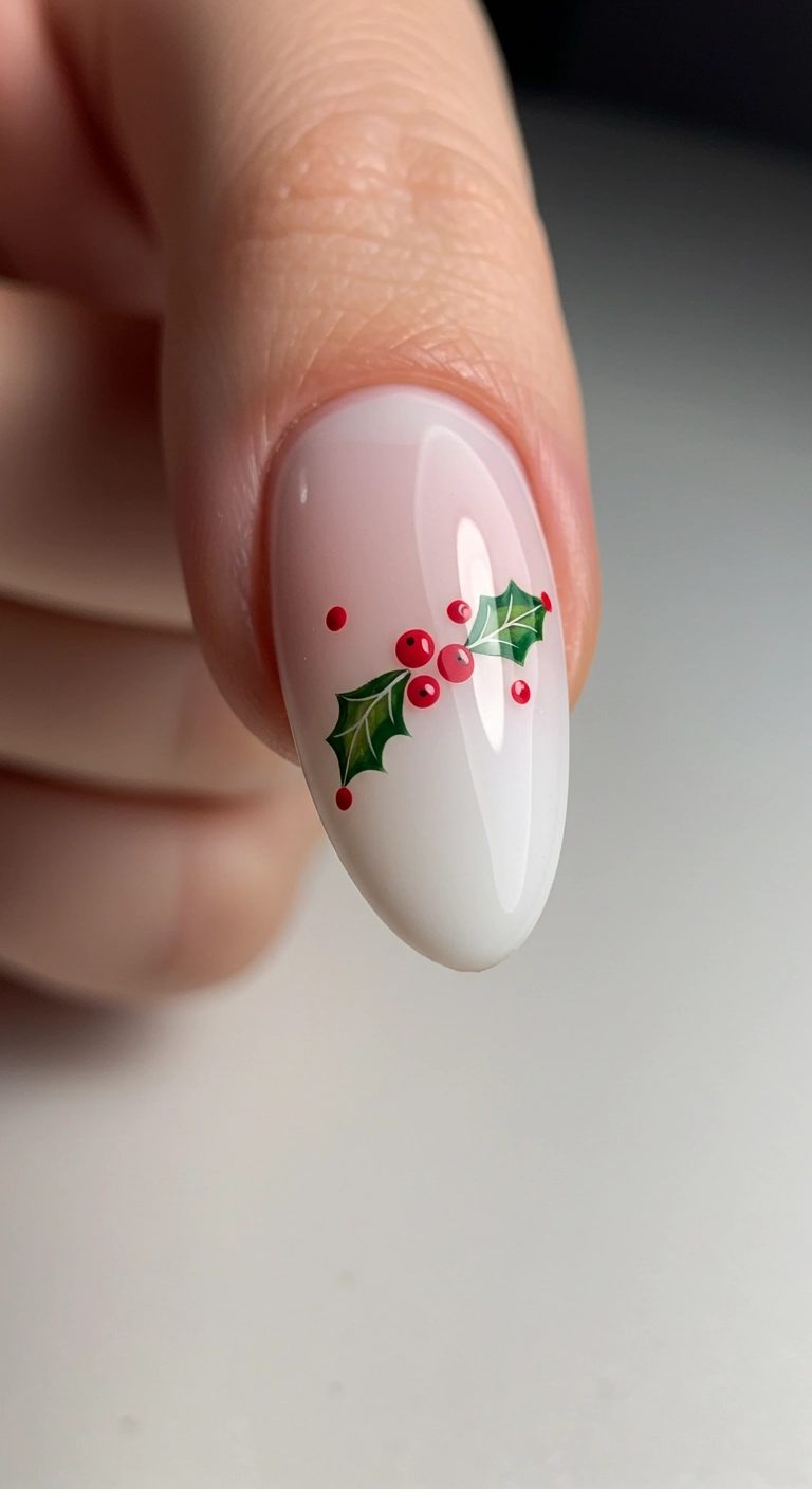 A macro shot of a milky white almond nail with a single, minimalist, hand-painted holly berry accent.