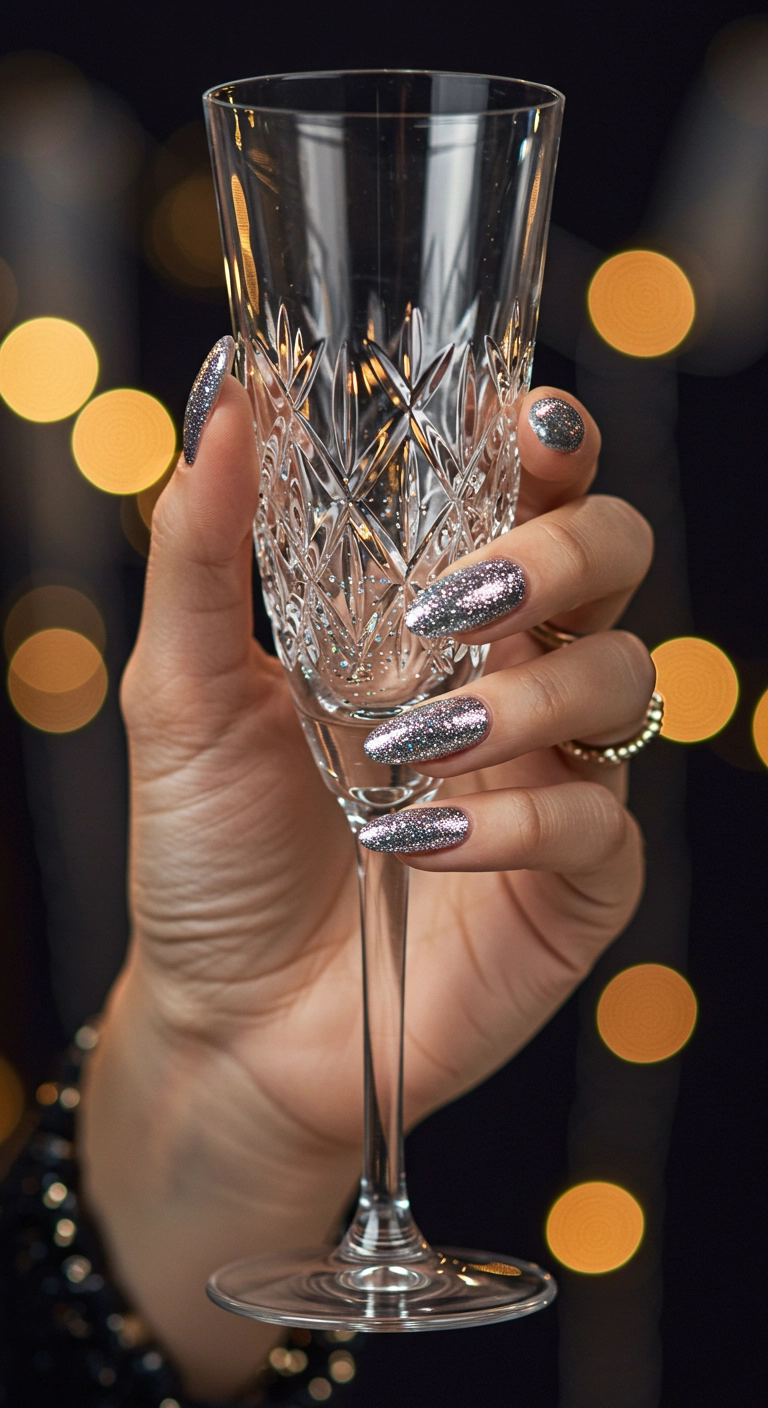 A glamorous photo of hands with almond-shaped nails covered in sparkling, full-on silver glitter polish.