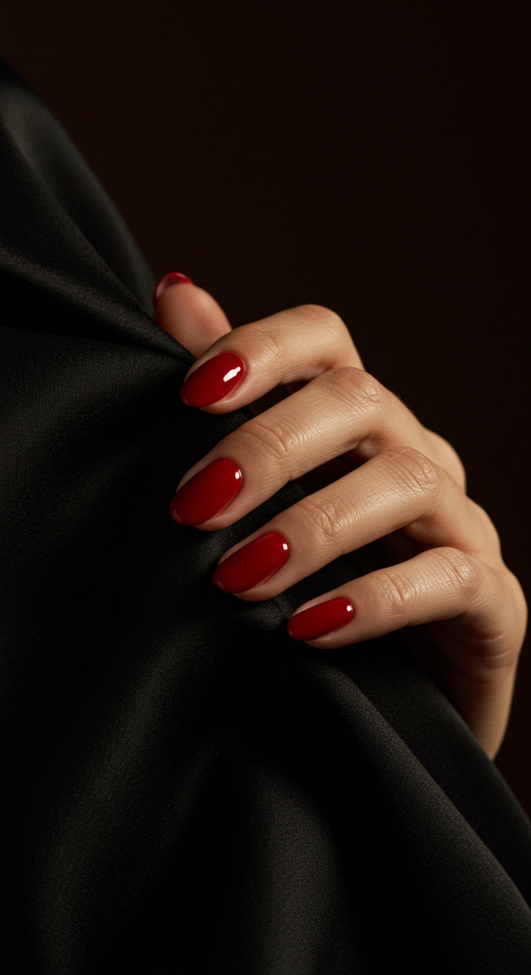A cinematic close-up of squoval nails painted in a high-gloss, classic cherry red polish.
