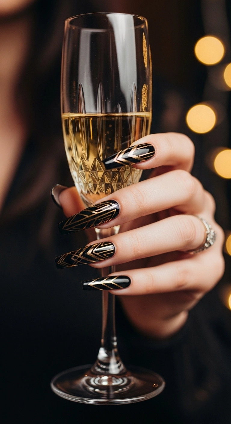 A close-up of stiletto nails with a glossy black base and sharp, metallic gold Art Deco lines.
