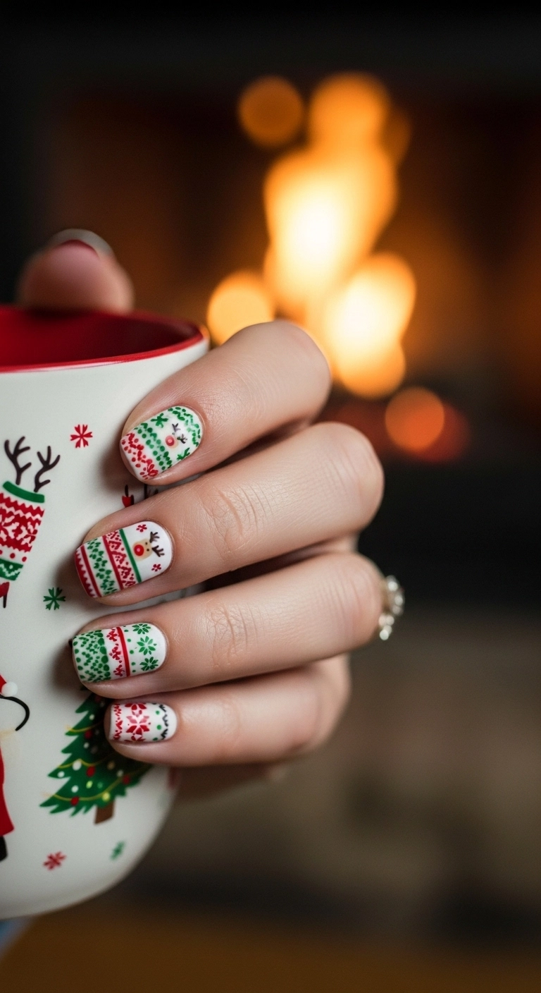 A close-up of short, rounded nails with a playful, matte 