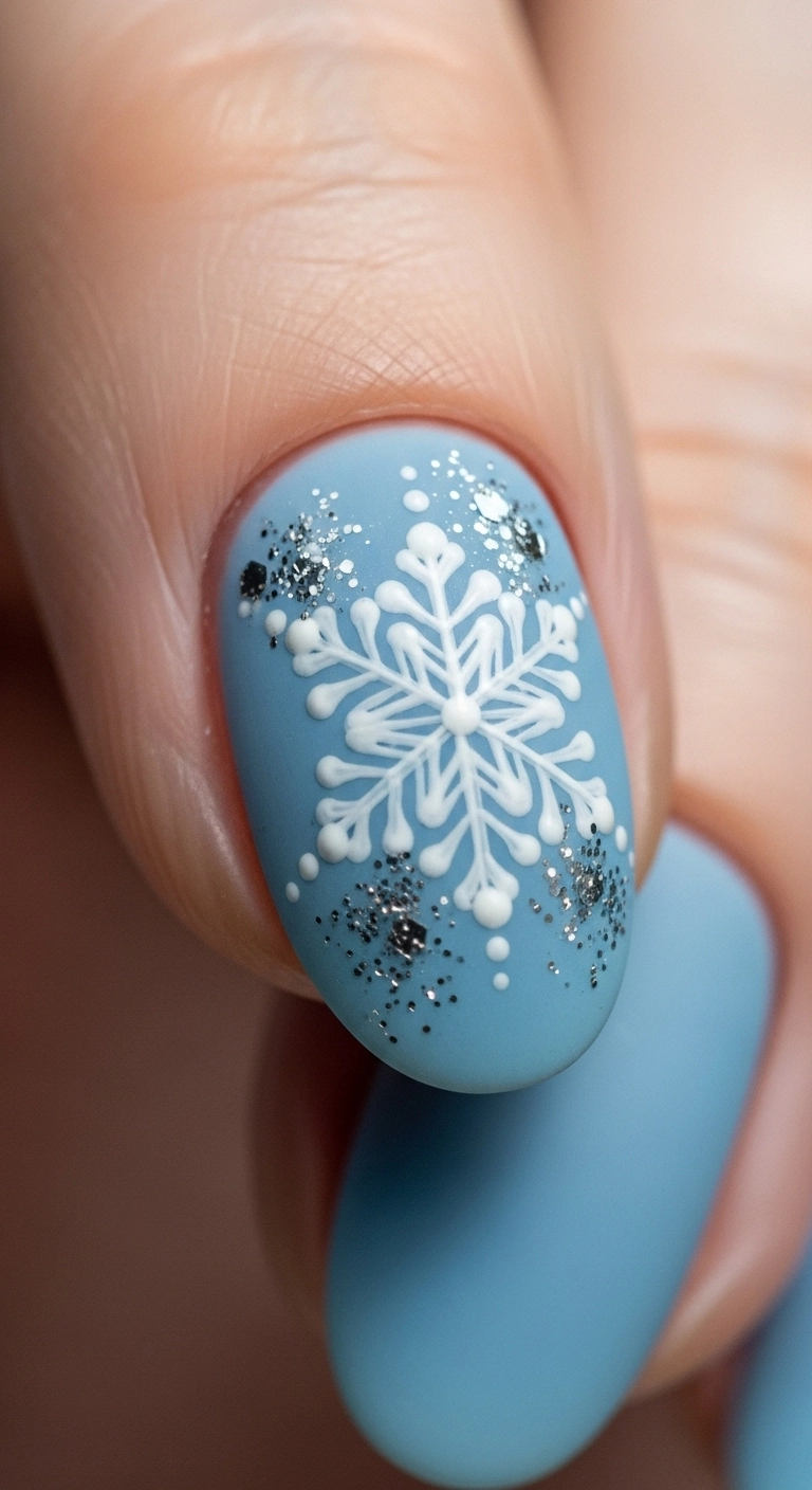An extreme close-up of an icy blue matte nail with a single, intricate, hand-painted white snowflake.