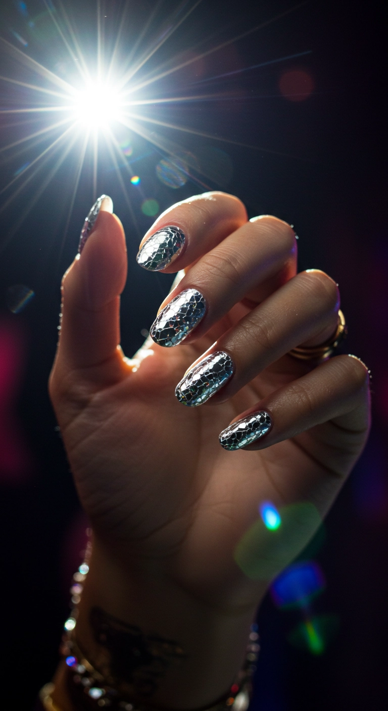 A realistic photo of long, rounded nails with a highly reflective, mirror-like silver chrome finish, resembling a disco ball.