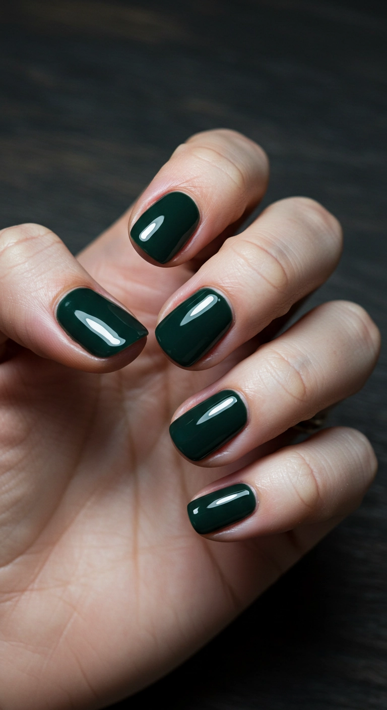 A moody close-up of short, rounded nails painted in a high-gloss, deep, dark forest green polish.