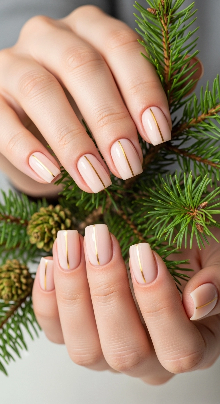 Minimalist holiday nails with a nude base and a single gold