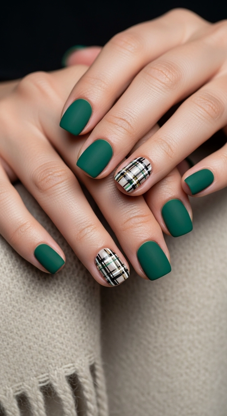 Winter holiday nails in matte green with a plaid accent nail.