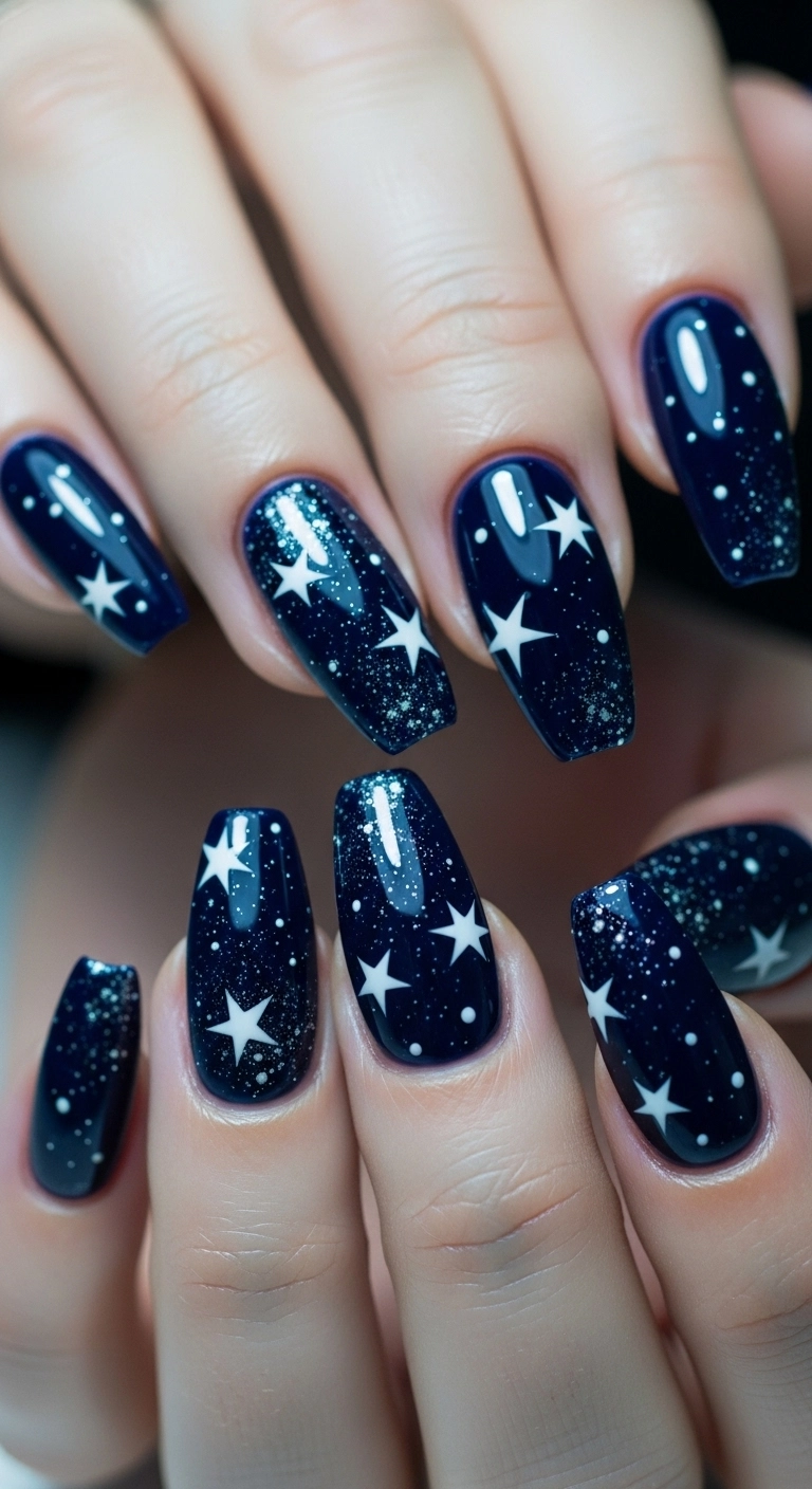 Winter nails painted like a midnight blue sky with tiny stars.