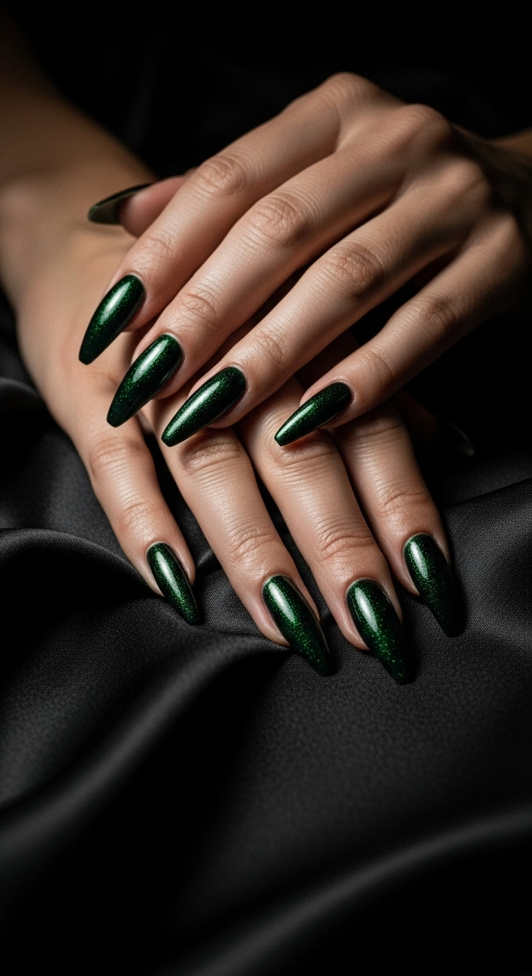 Luxe holiday nails with an emerald green velvet effect.