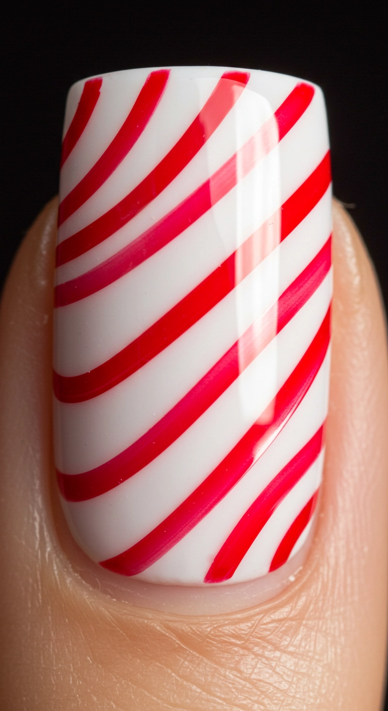 A close-up of a Christmas nail with red and white candy cane stripes.