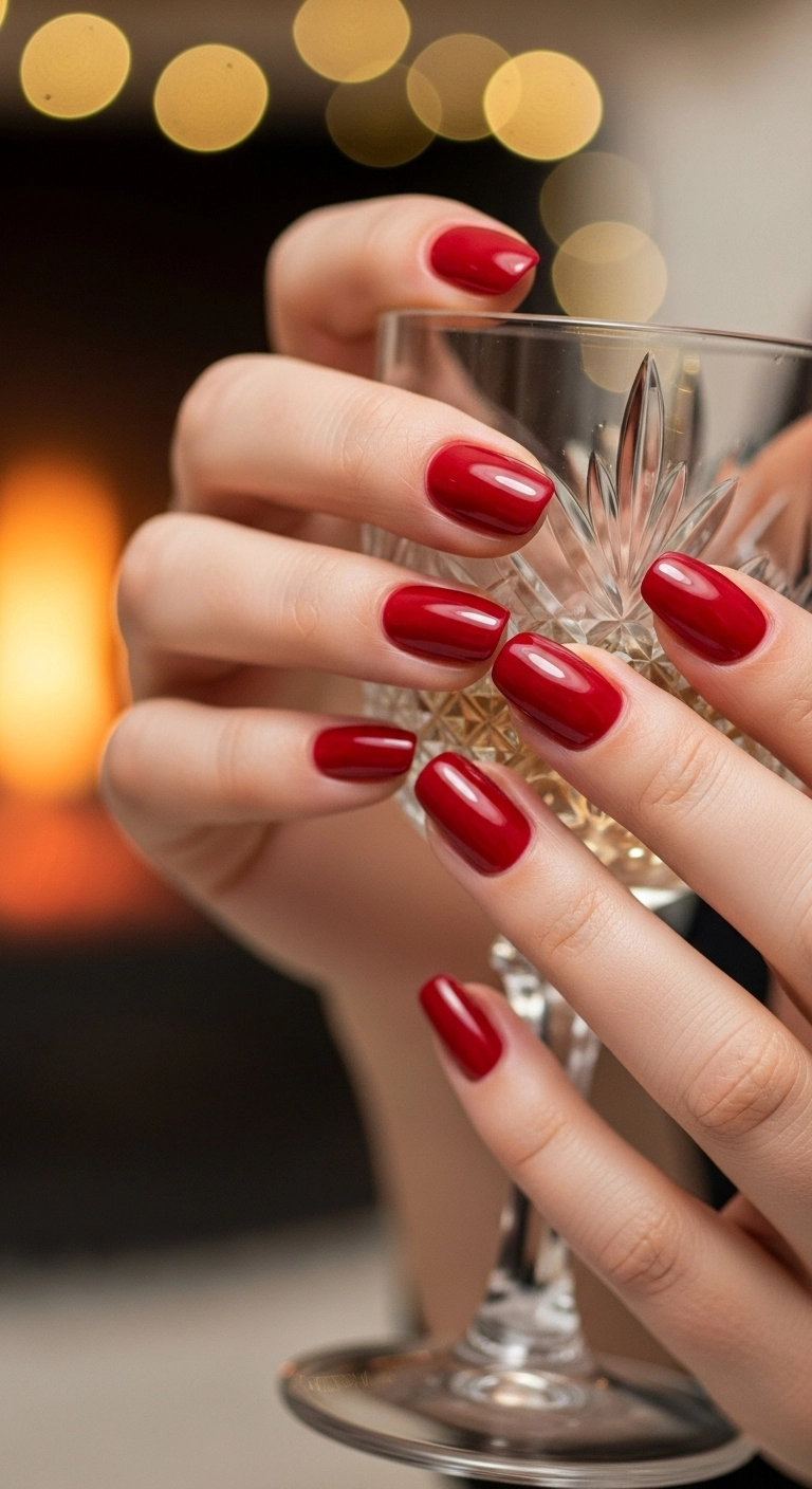 Close-up of elegant, glossy scarlet red holiday nails.