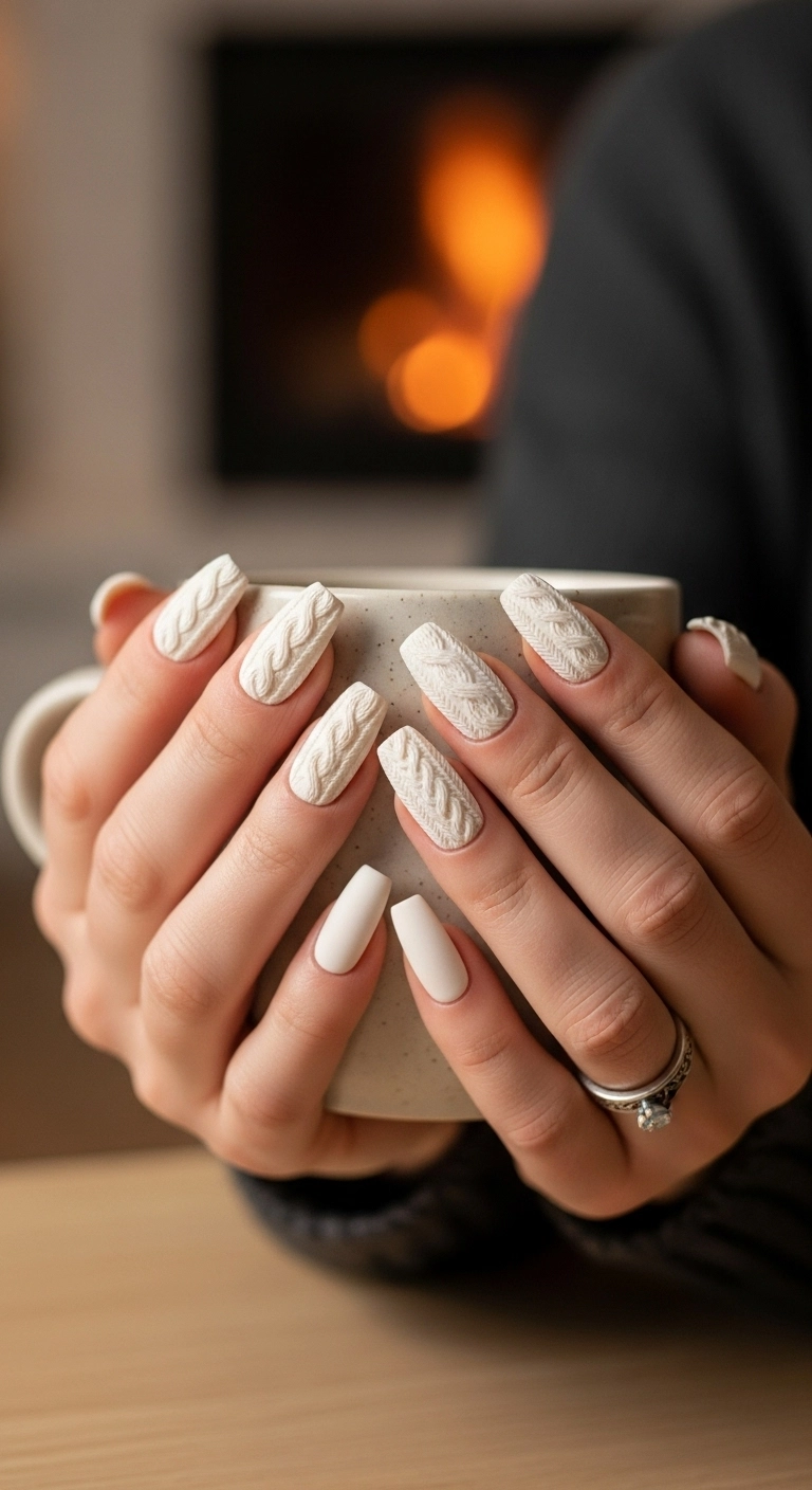 Winter nails with a 3D white cable-knit sweater texture.