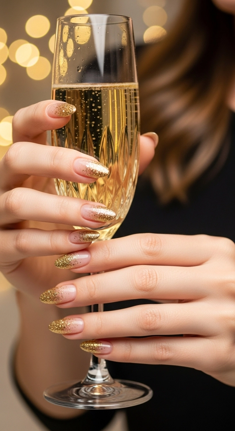 Holiday nails with a sheer nude base and a gold glitter gradient.