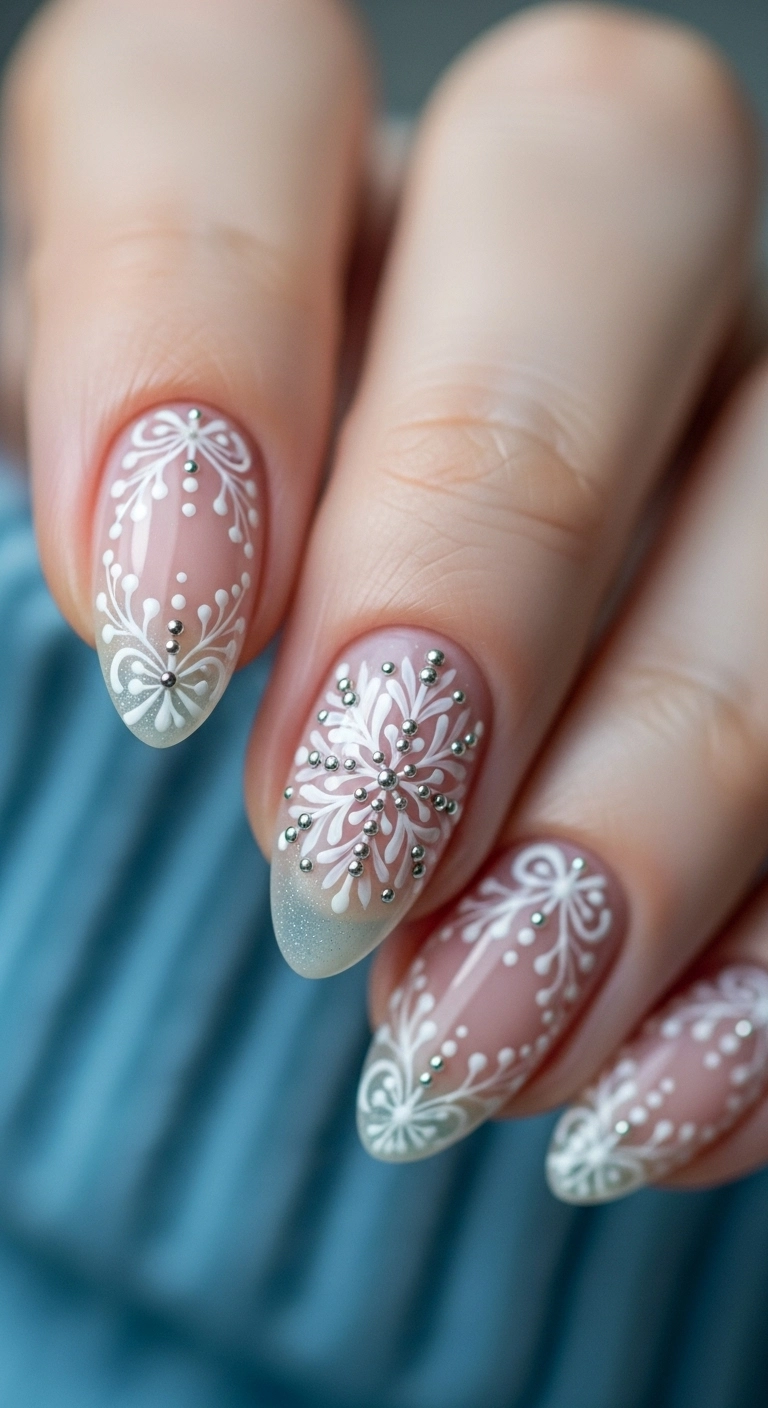 Macro shot of a winter nail with a delicate white snowflake accent.
