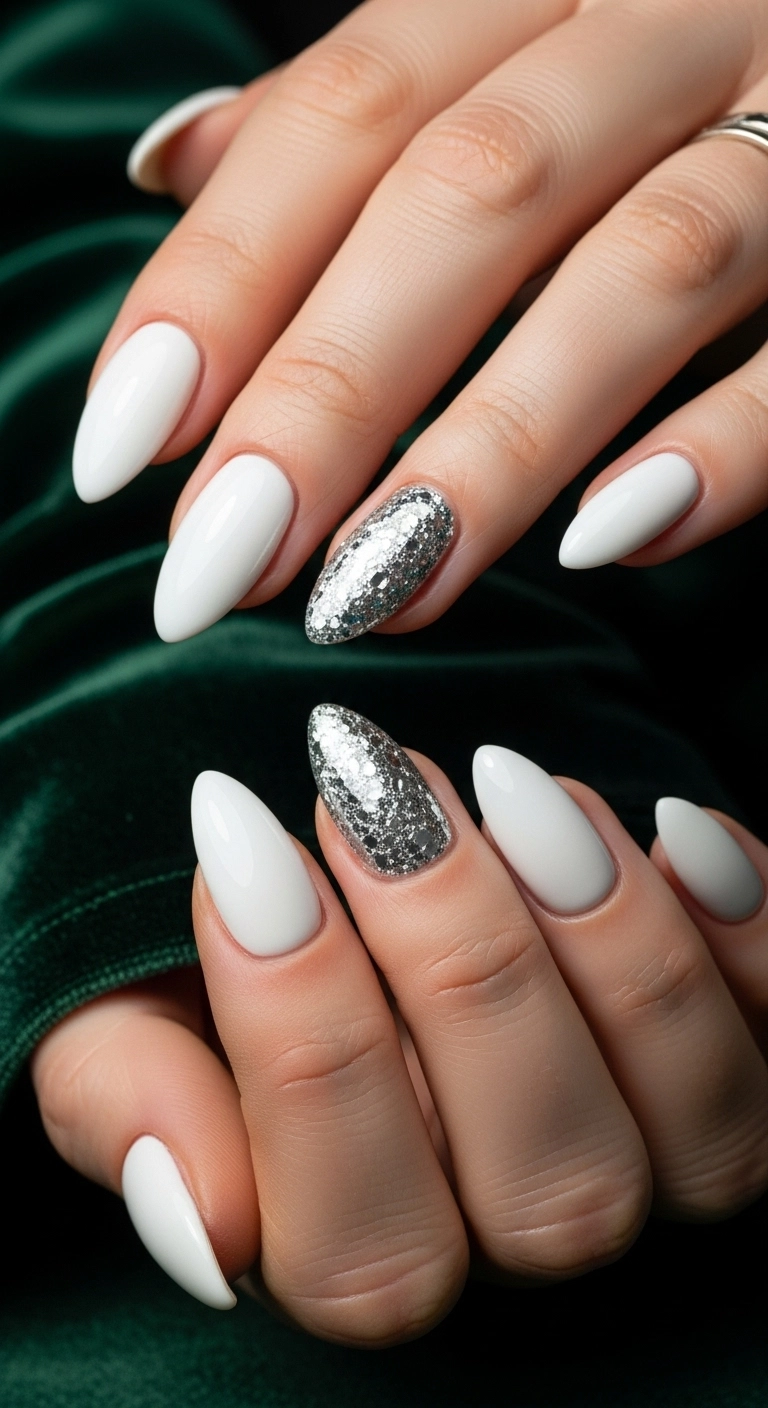 Winter nails in a crisp white with a silver glitter accent nail.