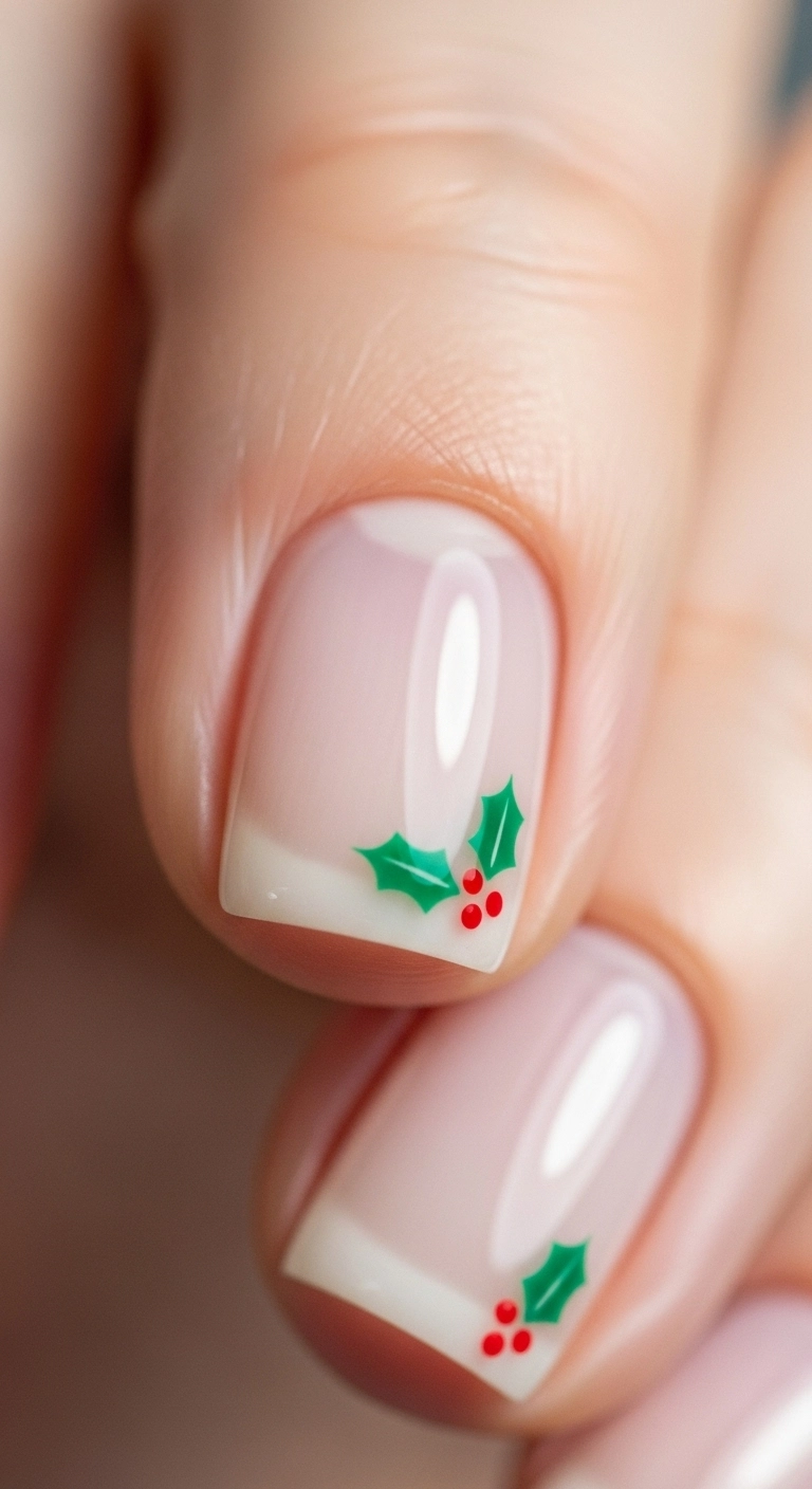 Minimalist winter holiday nail with a tiny holly berry accent.