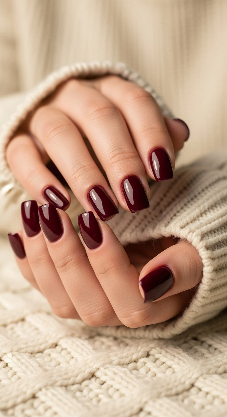 Elegant, glossy winter nails in a deep burgundy wine color.