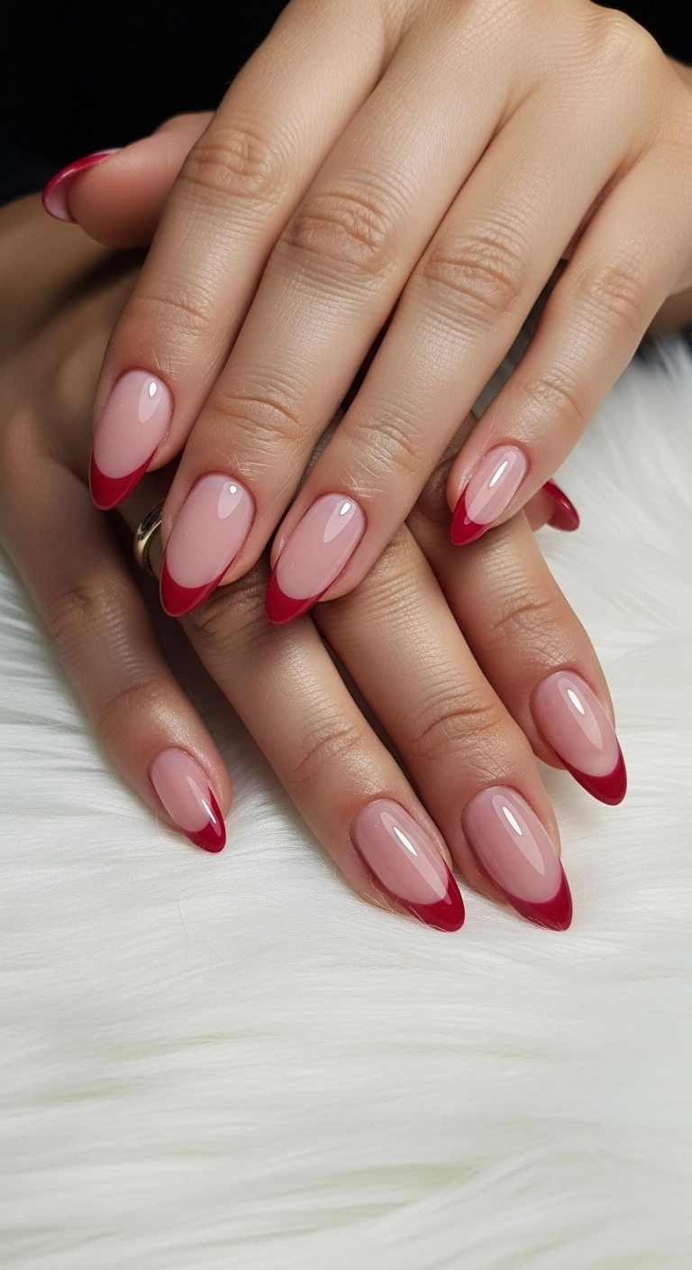 Holiday nails with a modern, deep red 'V' shape French tip.