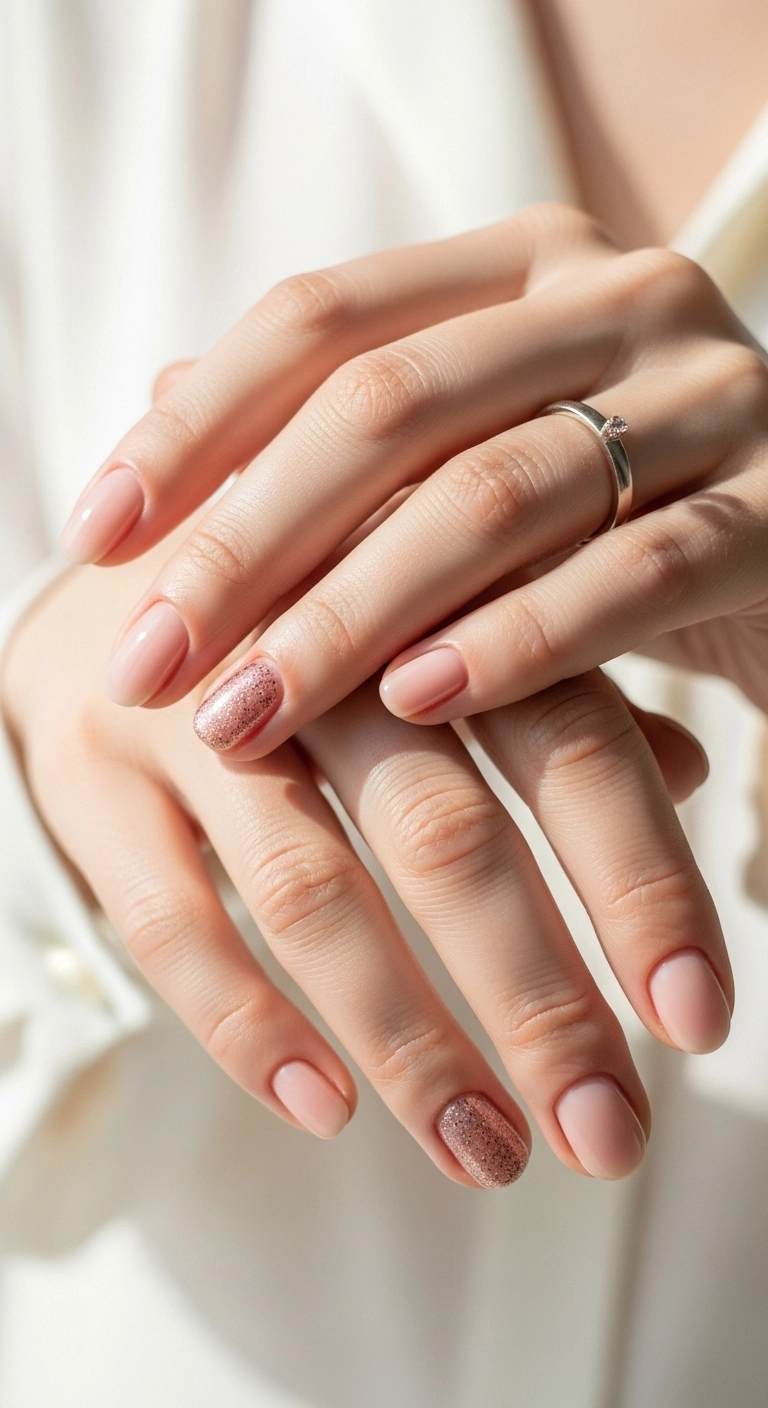 Elegant and minimalist holiday nails in a sheer nude with a rose gold glitter accent.