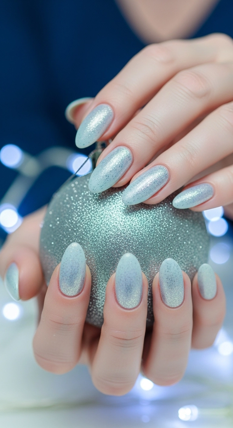 Winter nails in a shimmery, icy pale blue color.