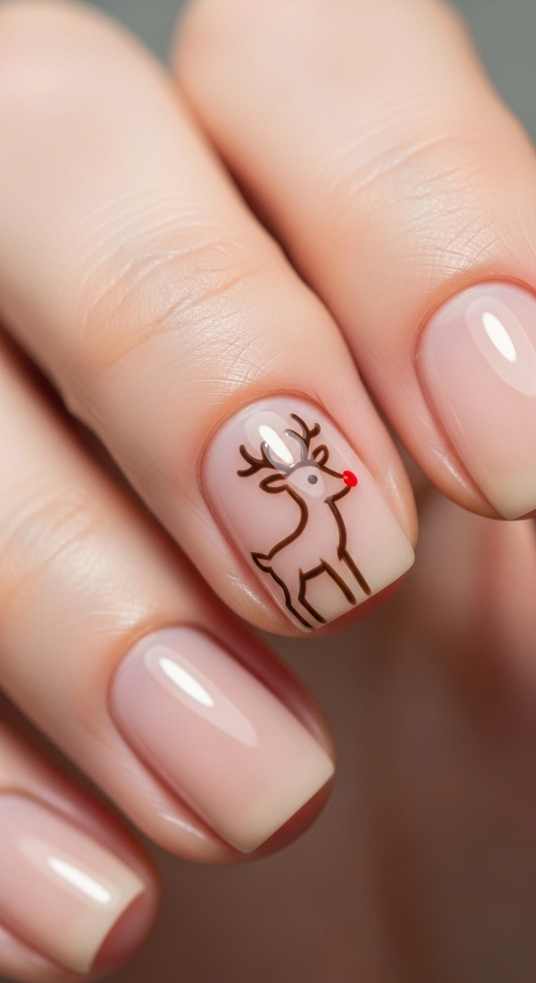A minimalist holiday nail with a simple reindeer outline and a red nose.