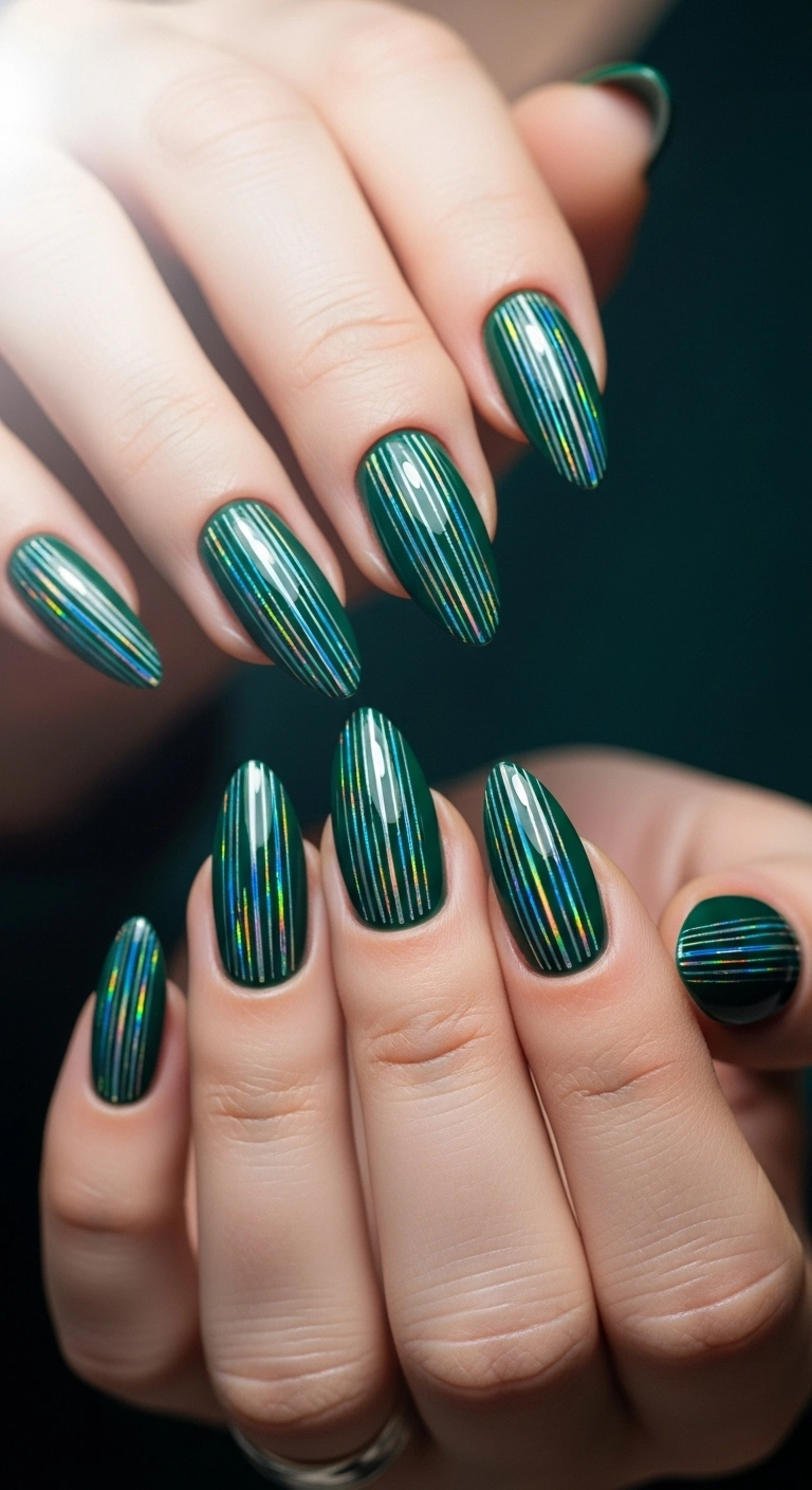 Dark green holiday nails with thin, vertical silver glitter