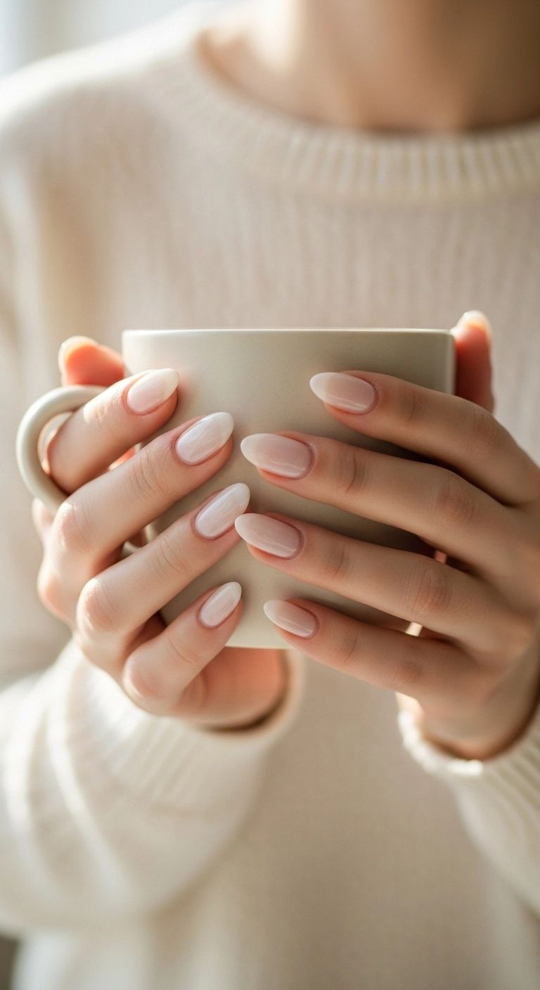 A soft-focus shot of hands with medium oval nails painted in a sheer, translucent milky white polish.