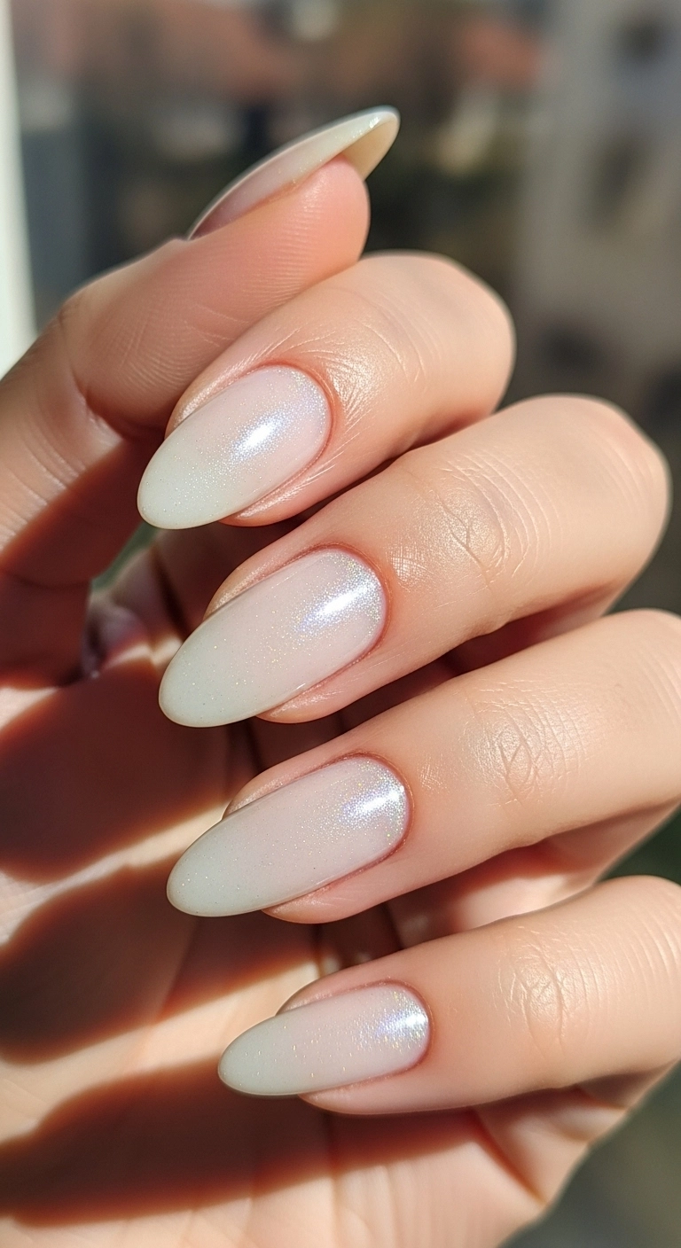 A hand with almond nails showing a high-shine, pearlescent 