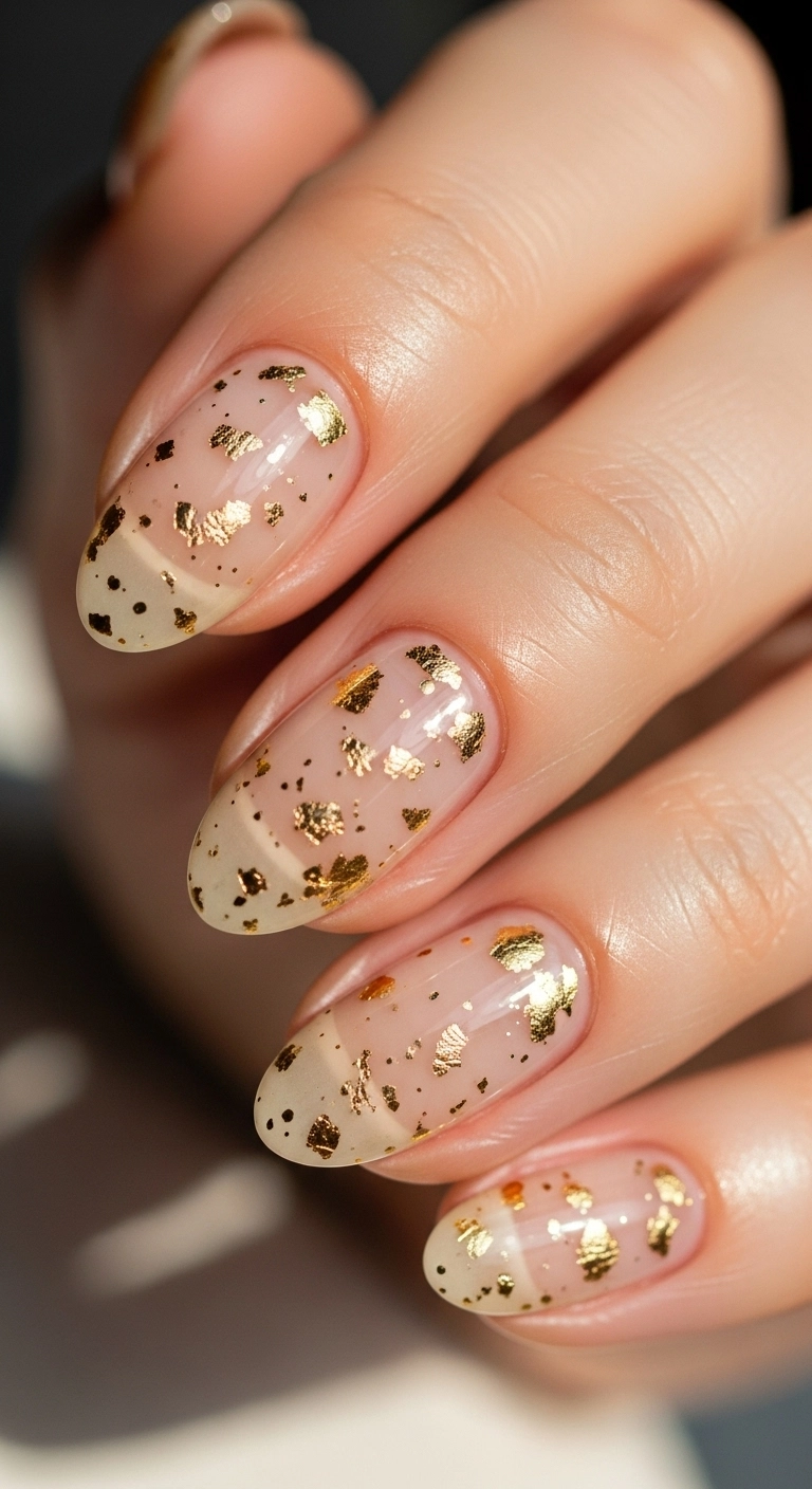 A macro shot of oval nails with a sheer beige polish, accented with sparse, tiny flecks of gold foil.